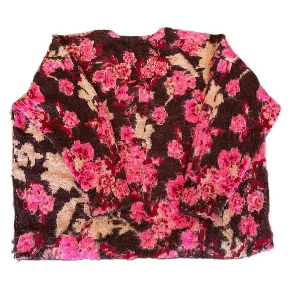 Free People Primrose Floral V-Neck Oversize Tunic Sweater Size Small